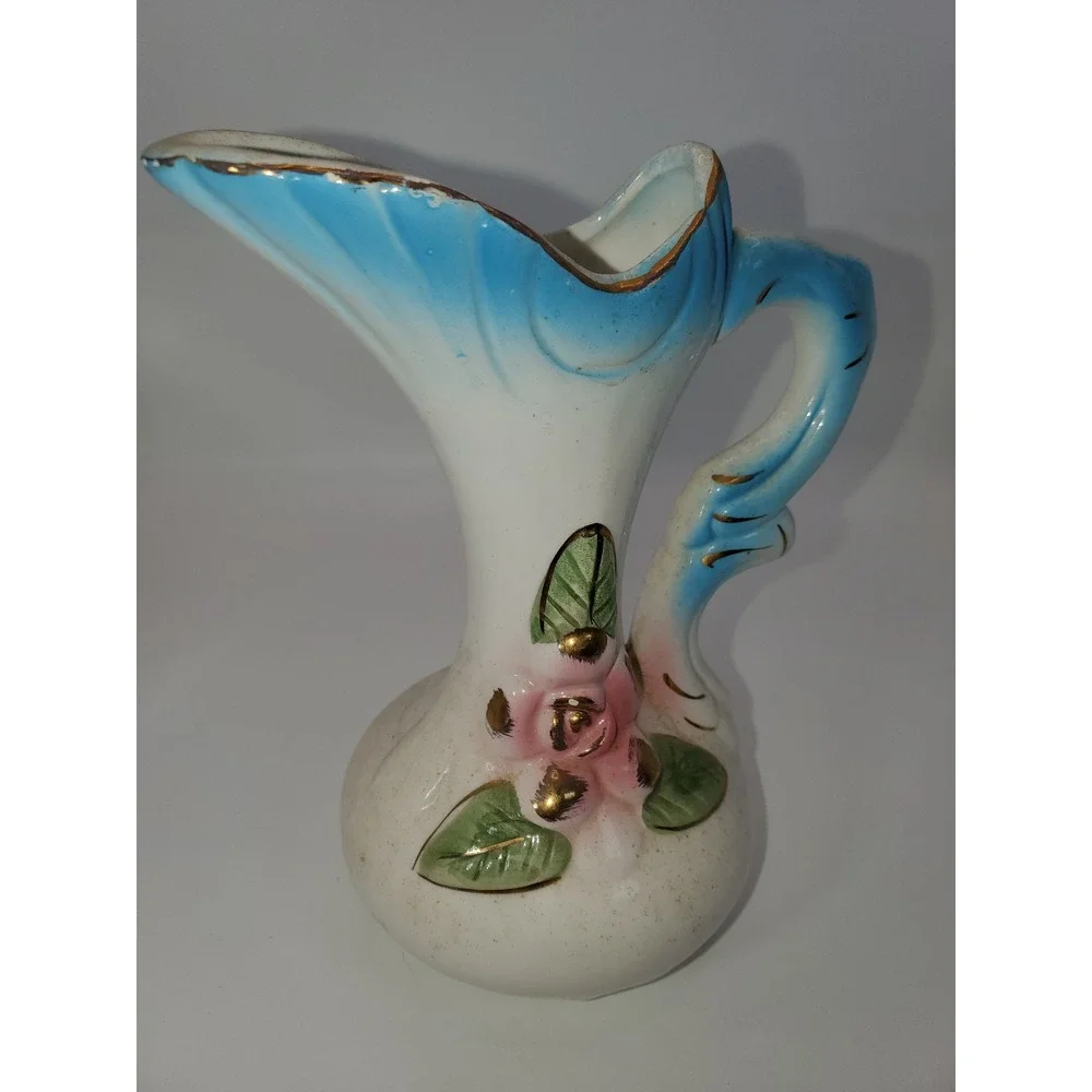 Vintage Blue White Ceramic Miniature Pitcher and Rose Footed Bowl Set